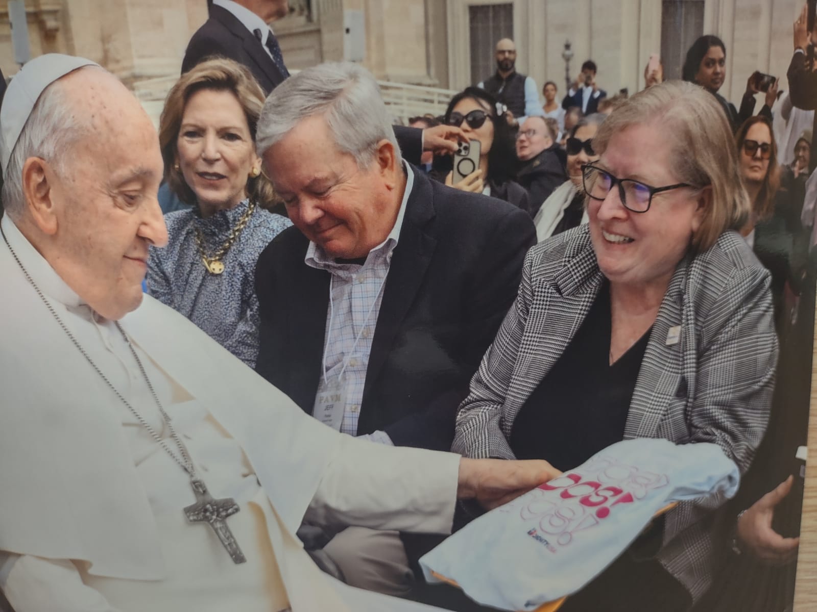 Pope Francis greets Marianne Duddy-Burke in St. Peter's Square Oct. 25, 2023, at the Vatican. (Courtesy of Marianne Daddy-Burke)