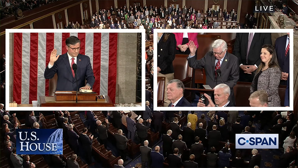 Speaker of the House Mike Johnson takes the oath of office on Oct. 25 administered by Dean of the House Hal Rogers. (Wikimedia Commons/C-SPAN) 