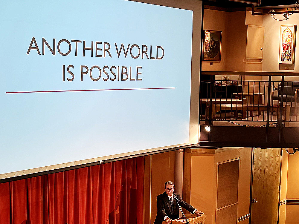 University of Notre Dame professor Patrick Deneen declares that "another world is possible" in a talk he delivered during a Oct. 7-8, 2022, conference, "Restoring A Nation: The Common Good in the American Tradition," at Franciscan University of Steubenville, Ohio. (NCR photo/Brian Fraga)