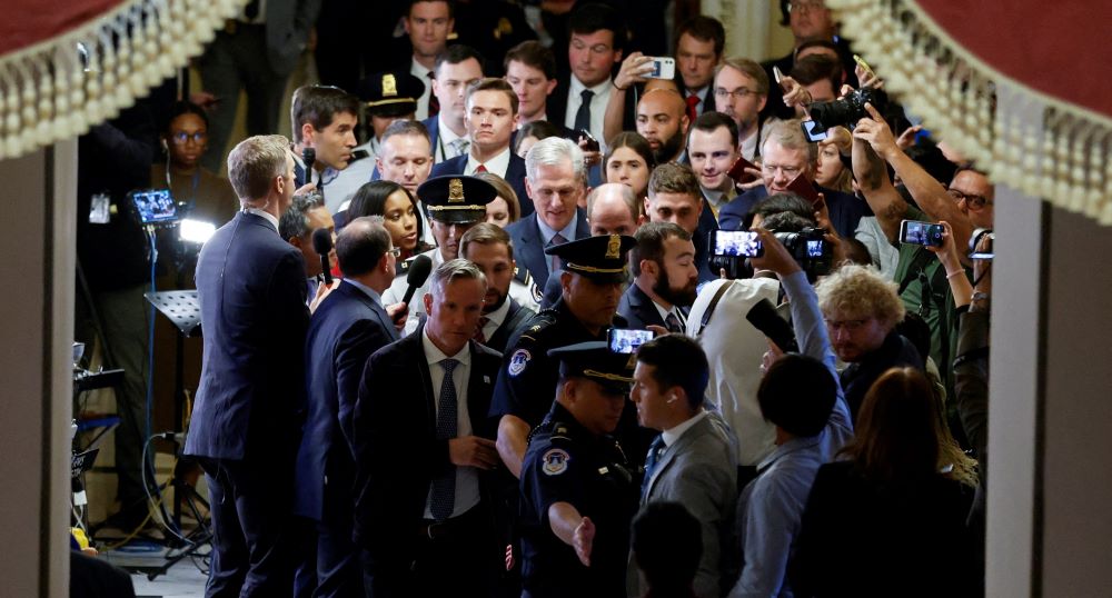 Former House Speaker Kevin McCarthy, R-California, walks back to the speaker's office after he was ousted from the position by a 216-to-210 vote of the House of Representatives at the U.S. Capitol in Washington Oct. 3. (OSV News/Reuters/Jonathan Ernst)