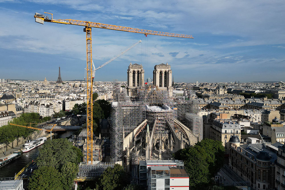 An aerial view shows the ongoing restoration work at Notre Dame Cathedral in Paris July 18. (OSV News/Reuters/Pascal Rossignol)