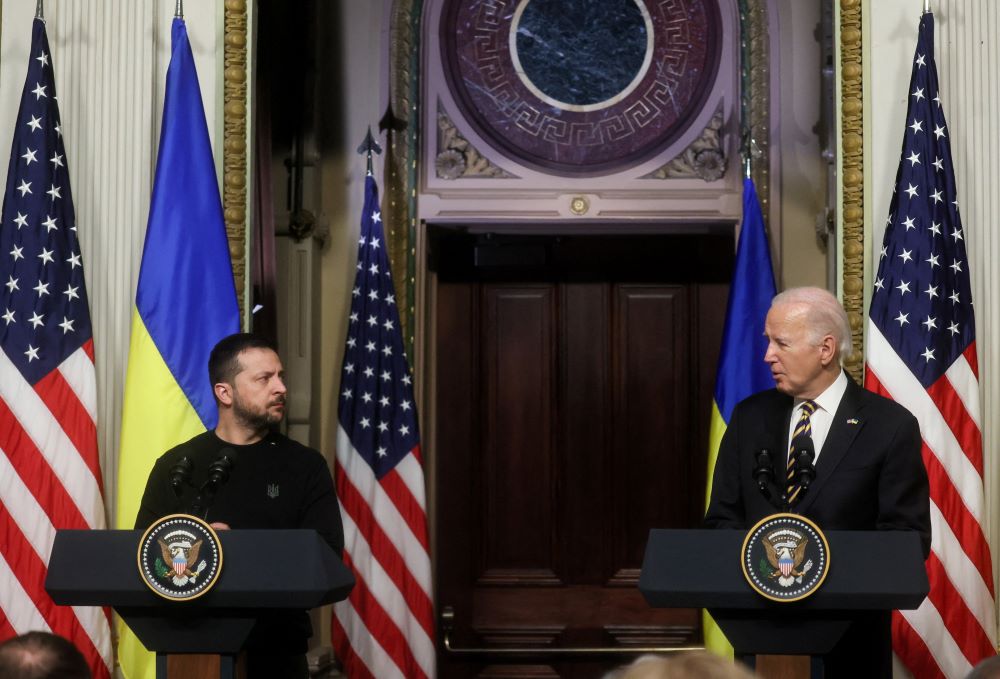 U.S. President Joe Biden and Ukrainian President Volodymyr Zelenskyy hold a joint new conference at the White House in Washington Dec. 12. The Biden administration advanced a deal affecting border policy in exchange for military funding to Ukraine, which is close to running out, as well as to Israel and Taiwan. (OSV News/Reuters/Leah Millis)