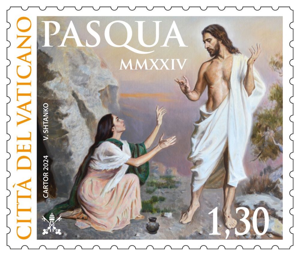 The Vatican's 2024 Easter stamp features a painting depicting the Risen Lord appearing to Mary Magdalene outside the tomb.