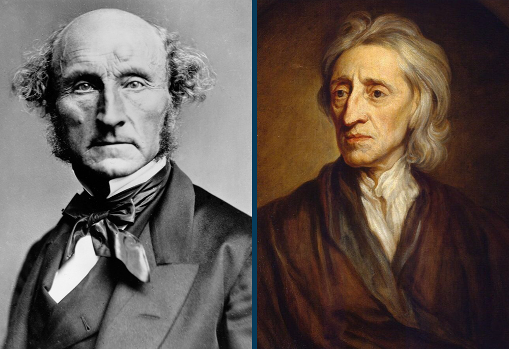 John Stuart Mill, circa 1870 (left); "Portrait of John Locke," a 1697 painting by Sir Godfrey Kneller (Wikimedia Commons/Hulton Archive/London Stereoscopic Company; Collection of Sir Robert Walpole, Houghton Hall, 1779)