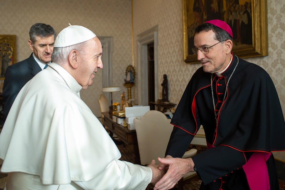 Bishop shakes hands with pope.