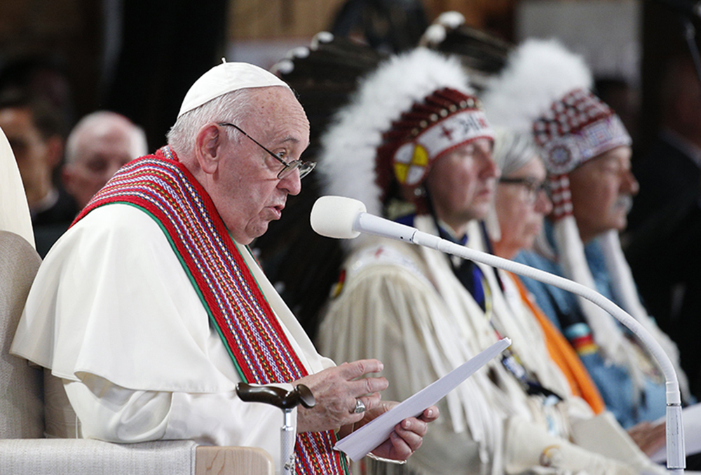Pope Francis participates in the Lac Ste. Anne pilgrimage and Liturgy of the Word in Lac Ste. Anne, Alberta, July 26, 2022. (CNS/Paul Haring)