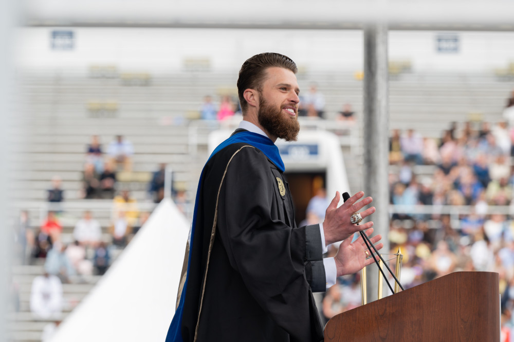 Kansas City Chiefs kicker Harrison Butker, addressing the graduation class of 2023 at Georgia Institute of Technology's commencement ceremonies, May 6, 2023. (OSV News/Courtesy of Georgia Institute of Technology)
