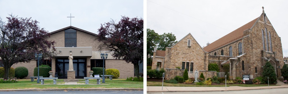 Two pictures, one each of the two church buildings. 