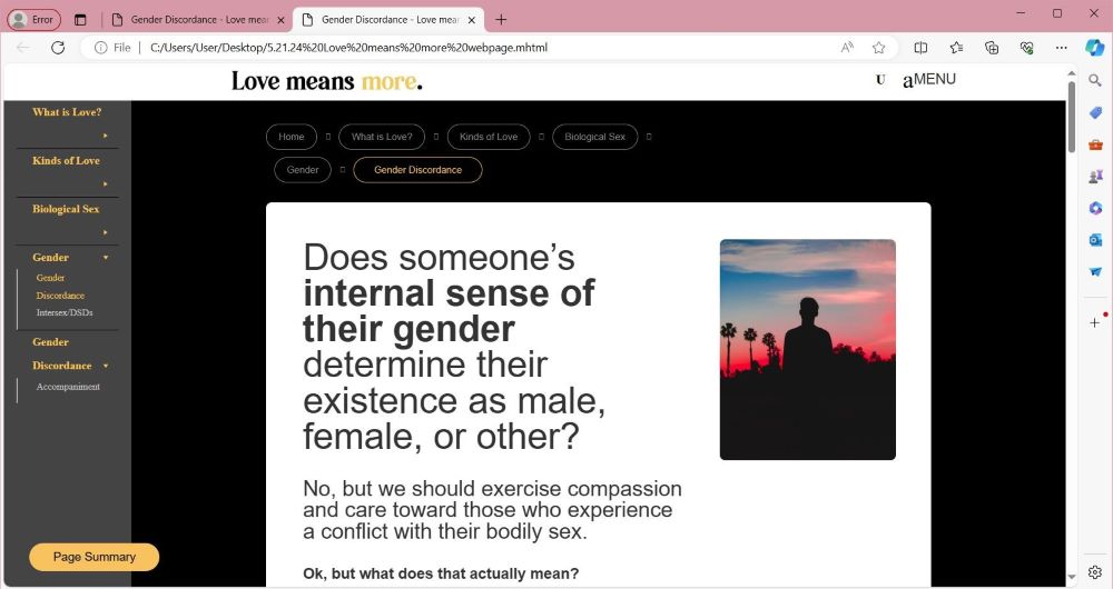 A page from the website "Love means more." features an article about "gender discordance." 