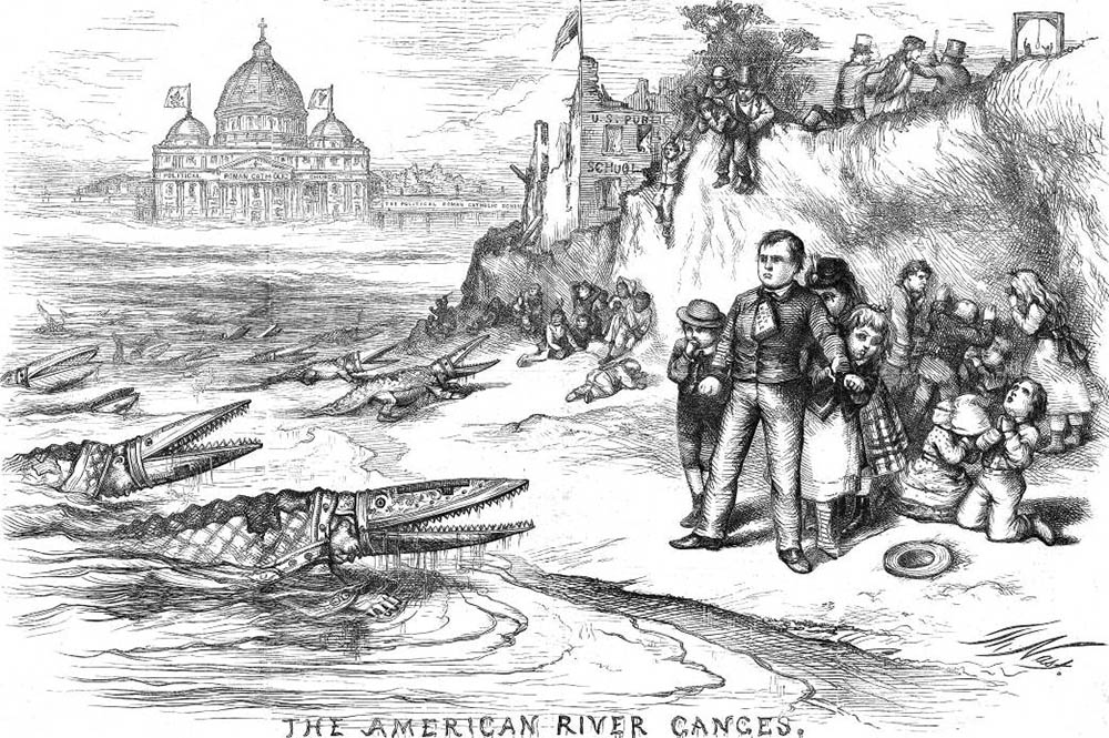 An 1870 political cartoon by Thomas Nast depicts Catholic bishops as crocodiles threatening America’s public school system. (Wikimedia Commons)