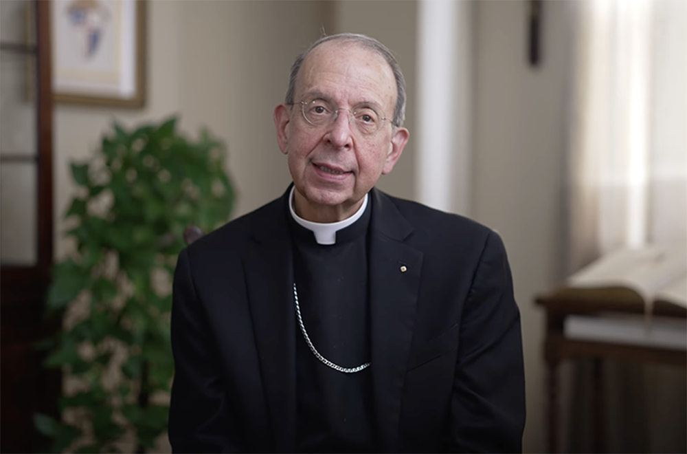 Archbishop William Lori of Baltimore in a video message on May 22, 2024, concerning the final Seek the City reorganization plan for his archdiocese, which will see 30 parishes close within the city limits. (NCR screenshot/YouTube/Archdiocese of Baltimore)