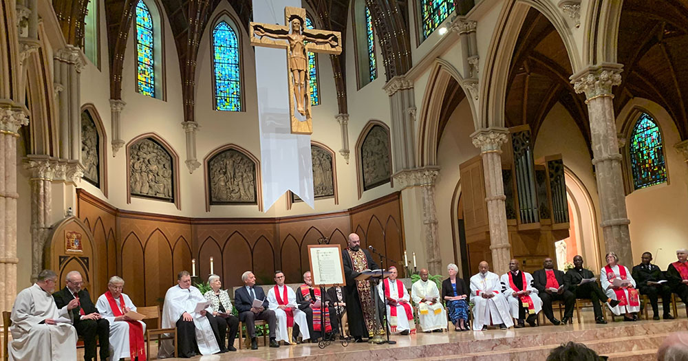 Rev. Fr. Andreas Garabedian of the Armenian Orthodox Church, Eastern Diocese of the Armenian Church of America, speaks during the Chicagoland Christians United for the Care of Creation Declaration Installation at Holy Name Cathedral May 18 in Chicago. (Cindy Cramer)