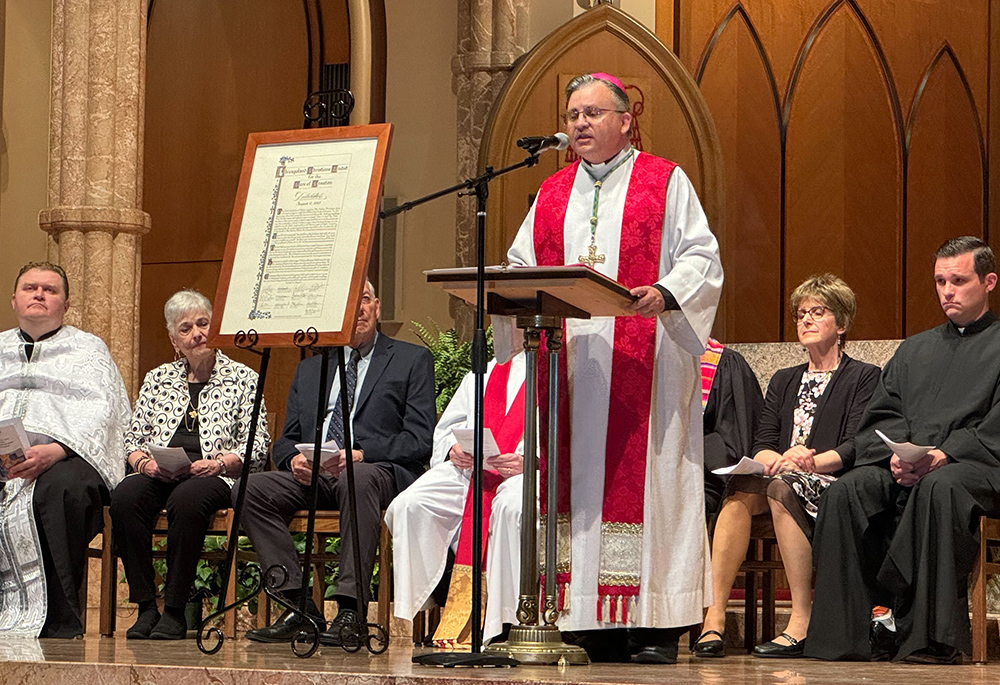 Auxiliary Bishop Robert Casey, vicar general of the Archdiocese of Chicago, speaks during the Chicagoland Christians United for the Care of Creation Declaration Installation at Holy Name Cathedral May 18 in Chicago. (Monica Fox)