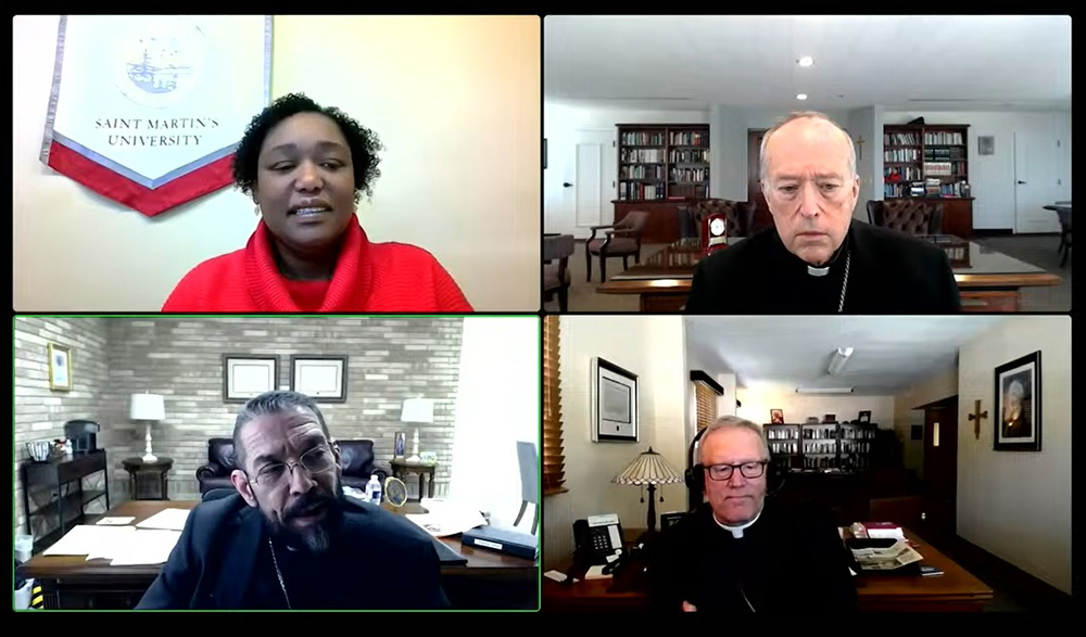 Participating in the May 14 webinar titled titled "Civilize It: Unifying a Divided Church” were (clockwise from top left): moderator Gloria Purvis of America Media; Cardinal Robert McElroy of San Diego; Bishop Robert Barron of Winona-Rochester, Minnesota; and Bishop Daniel Flores of Brownsville, Texas. (NCR screenshot)