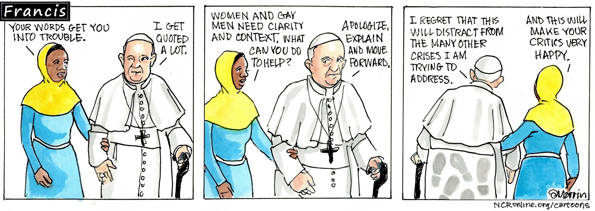 Francis, the comic strip: Francis acknowledges to Gabby that words can sometimes be used as weapons.