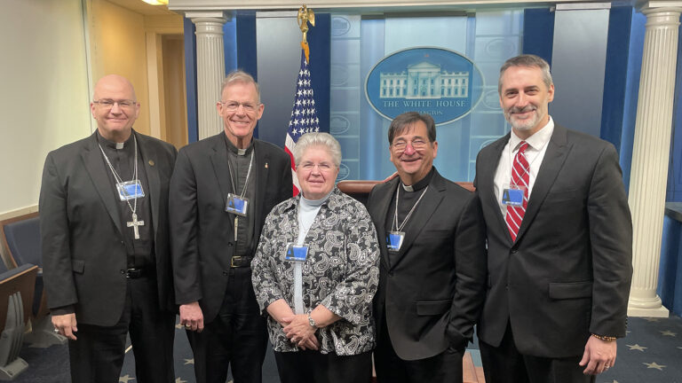 Bishop Edward Weisenburger of Tucson, Arizona, from left, Archbishop John Wester of Santa Fe, New Mexico, Sister Carol Zinn, Bishop Joseph Tyson of Yakima, Washington, and Lonnie Ellis at the White House, Nov. 17, 2023, for a meeting about climate change. (Photo © In Solidarity)