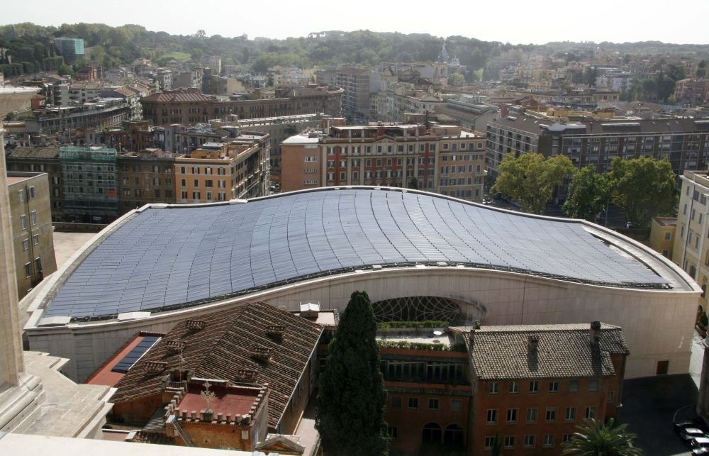 Solar panels cover the roof of the Vatican's Paul VI audience hall in this photo released by the Vatican in 2008. The hall's original concrete roof was replaced with panels of photo-electric cells, generating the city's first solar power. (CNS photo/Vatican)