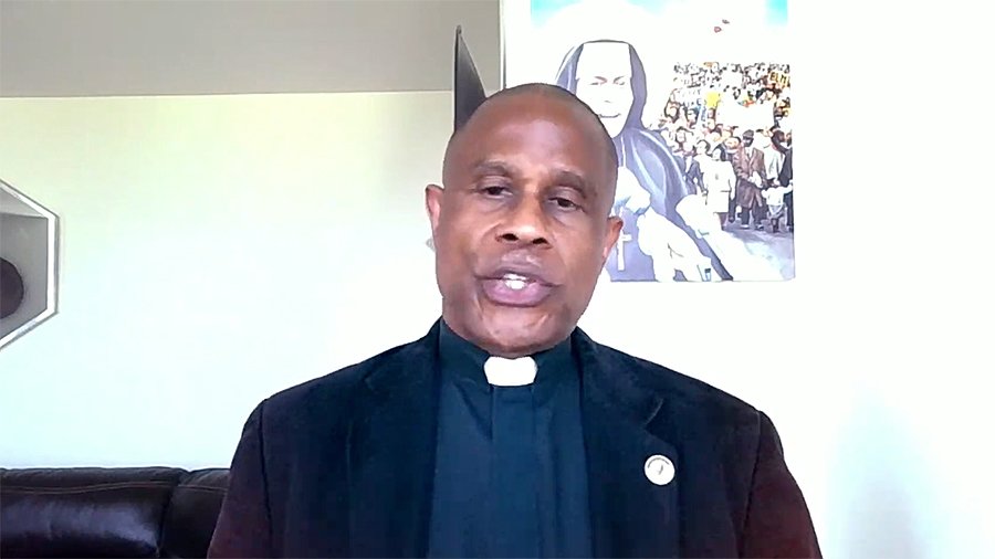 Fr. Bryan Massingale speaks during a June 8, 2022, online dialogue on "After Buffalo, After Uvalde, After Tulsa: Broken Hearts, Broken Nation, Faithful Action." The panel was sponsored by Georgetown University's Initiative on Catholic Social Thought and Public Life. (CNS/YouTube)