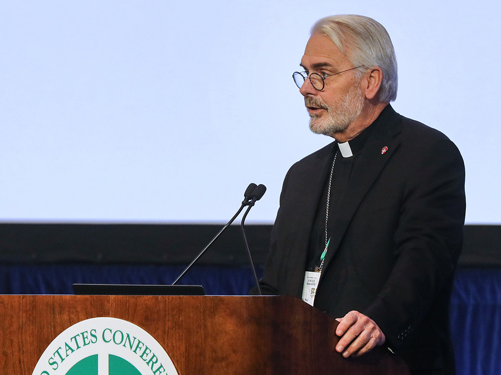 Oklahoma City Archbishop Paul Coakley speaks during a Nov. 14, 2023, session of the fall general assembly of the U.S. Conference of Catholic Bishops in Baltimore. (OSV News/Bob Roller)