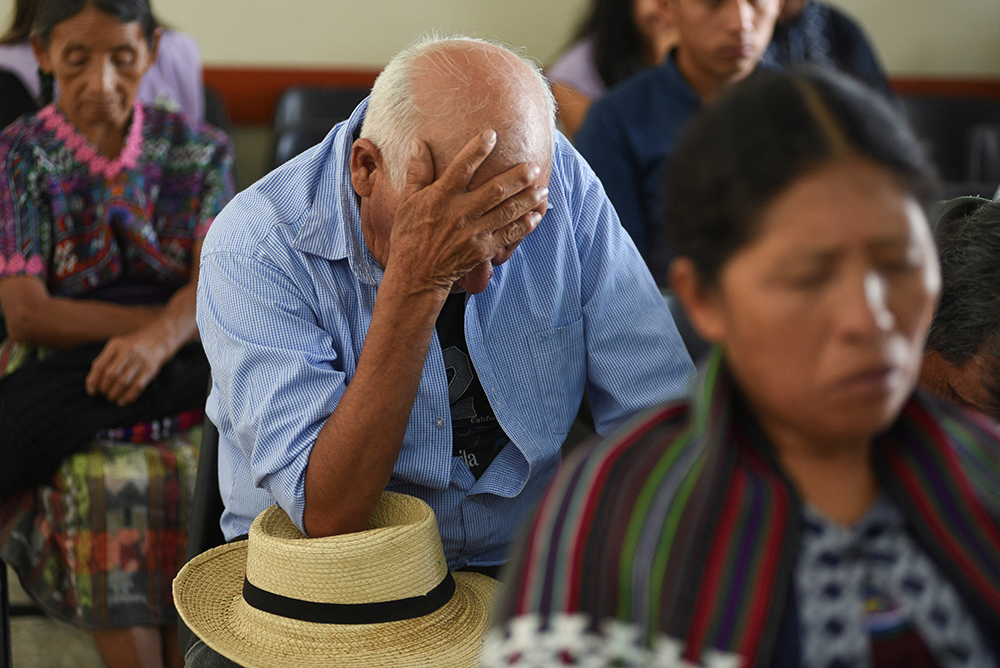 Ixil Indigenous authorities attend a hearing where survivors of the internal armed conflict testify in the Maya Ixil genocide trial at the Supreme Court, in Guatemala City, Guatemala, April 8, 2024. (OSV News/Reuters/Cristina Chiquin)