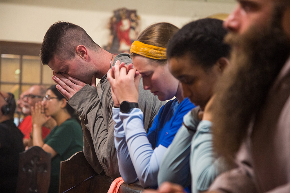 Perpetual Pilgrim Charlie McCullough prays during Mass at San Pedro Church in Brownsville, Texas, at the end of the first day of pilgrims' journey along the St. Juan Diego Route of the National Eucharistic Pilgrimage May 19, 2024. (OSV News/Tom McCarthy)
