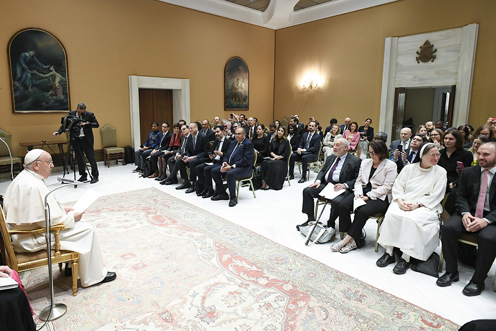 Pope Francis meets with academic experts, policymakers, officials from multilateral institutions and religious leaders meeting with the Pontifical Academy of Social Sciences to discuss the foreign debt crisis June 5, 2024, at the Vatican. (CNS/Vatican Media)