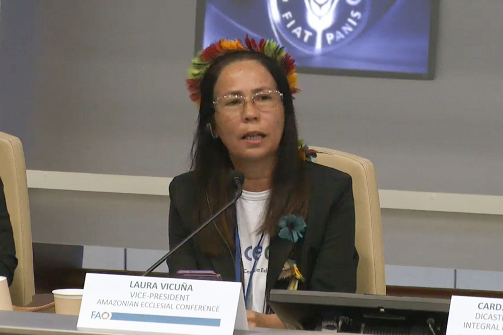 Franciscan Catechist Sr. Laura Vicuña Pereira Manso, who is a member of the Indigenous Kariri people, speaks at an event on the Amazon at the headquarters of the U.N.'s Food and Agriculture Organization in Rome June 4. (CNS screenshot/FAO)