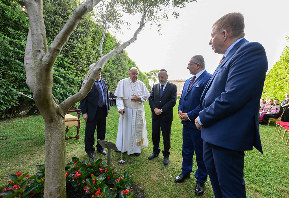 Pope Francis stands by an olive tree with Raphael Schutz, the Israeli ambassador to the Holy See, Issa Kassissieh, the Palestinian ambassador to the Holy See, Rabbi Alberto Funaro of Rome and Abdellah Redouane, secretary-general of Rome's Muslim community, June 7 in the Vatican Gardens. The tree was planted 10 years ago during a prayer service with Pope Francis, Orthodox Ecumenical Patriarch Bartholomew of Constantinople, Israeli President Shimon Peres and Palestinian President Mahmoud Abbas. (CNS/Vatican)