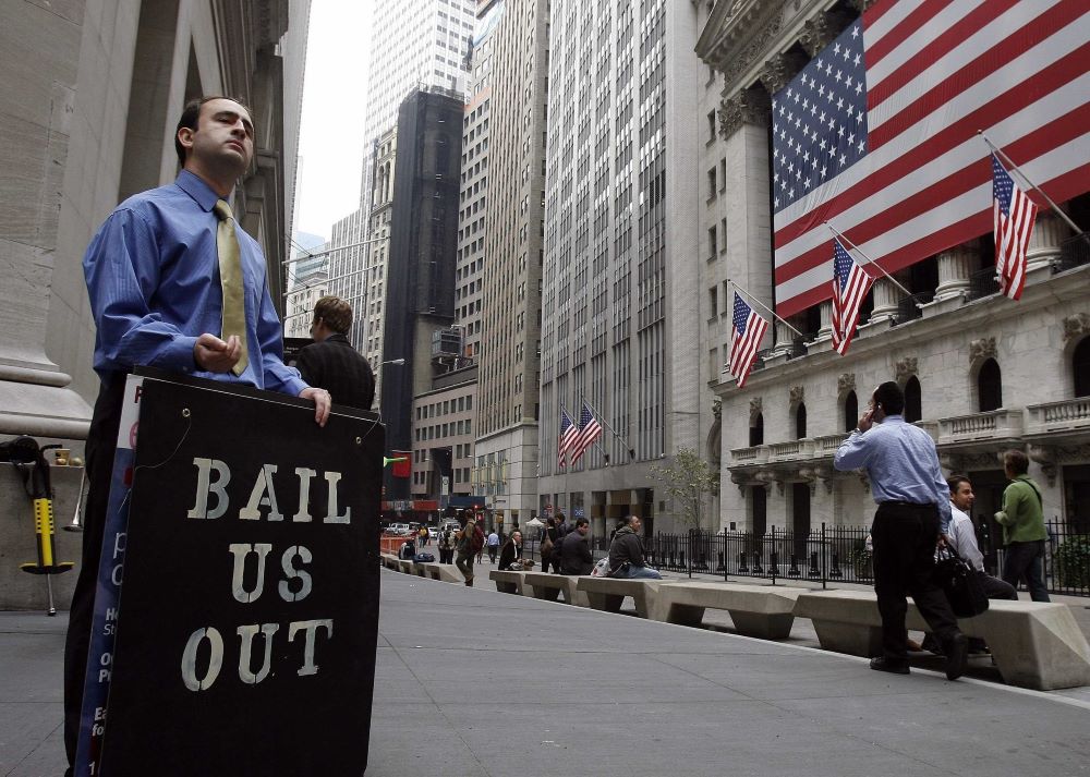A man demonstrates outside the New York Stock Exchange Oct. 13, 2008.