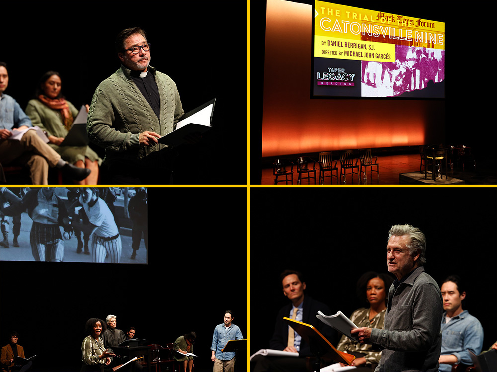 Actors in Center Theatre Group's reading of "The Trial of the Catonsville Nine" included Benito Martinez as Phillip Berrigan (top left); Tijuana Ricks as Marjorie Melville, Amy Aquino as the Judge, and Raymond Lee as Thomas Melville (bottom left, standing); and Bill Pullman as Daniel Berrigan (bottom right). (Capture Imagery/Molly O'Keeffe)