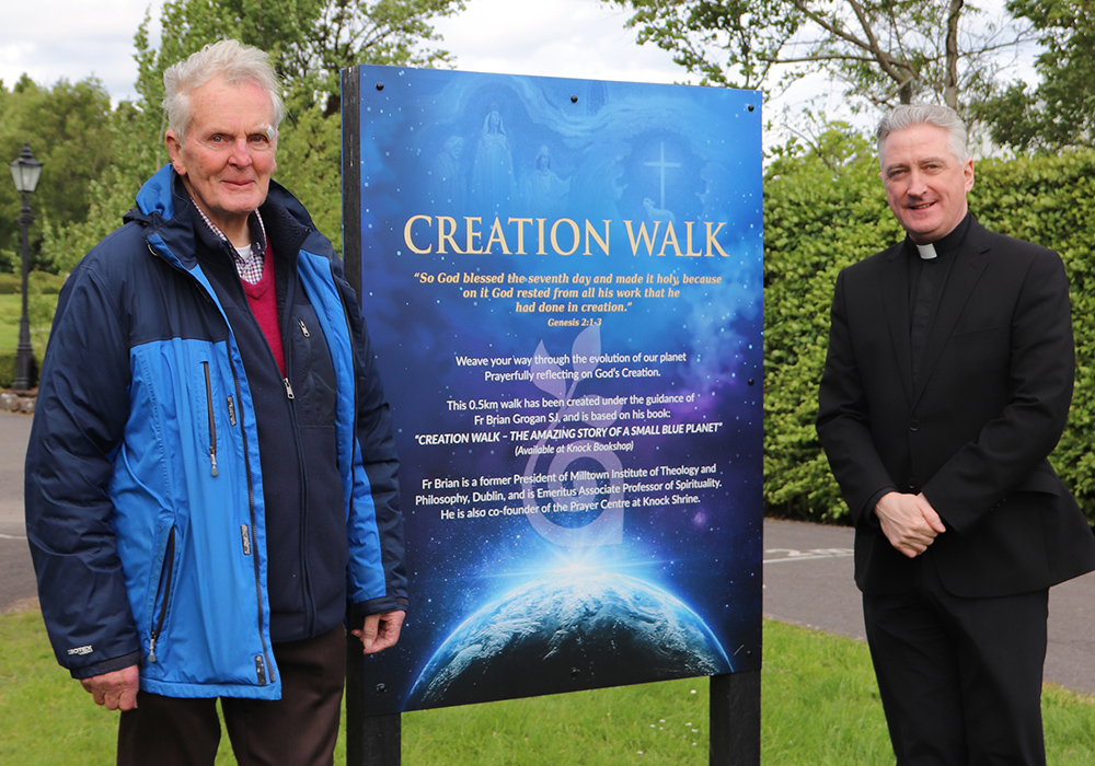 Jesuit Fr. Brian Grogan and Fr. Richard Gibbons, rector of Knock Shrine, are pictured at the launch of the Creation Walk at Knock Shrine, May 25 in Knock, County Mayo, Ireland. (Sinead Mallee)