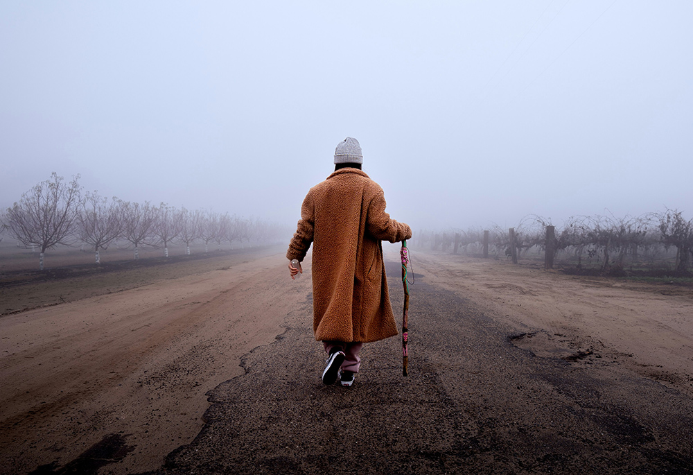 A person holding a walking stick walks along a road toward fog, during an overcast day. (Unsplash/Charlie Serrano)