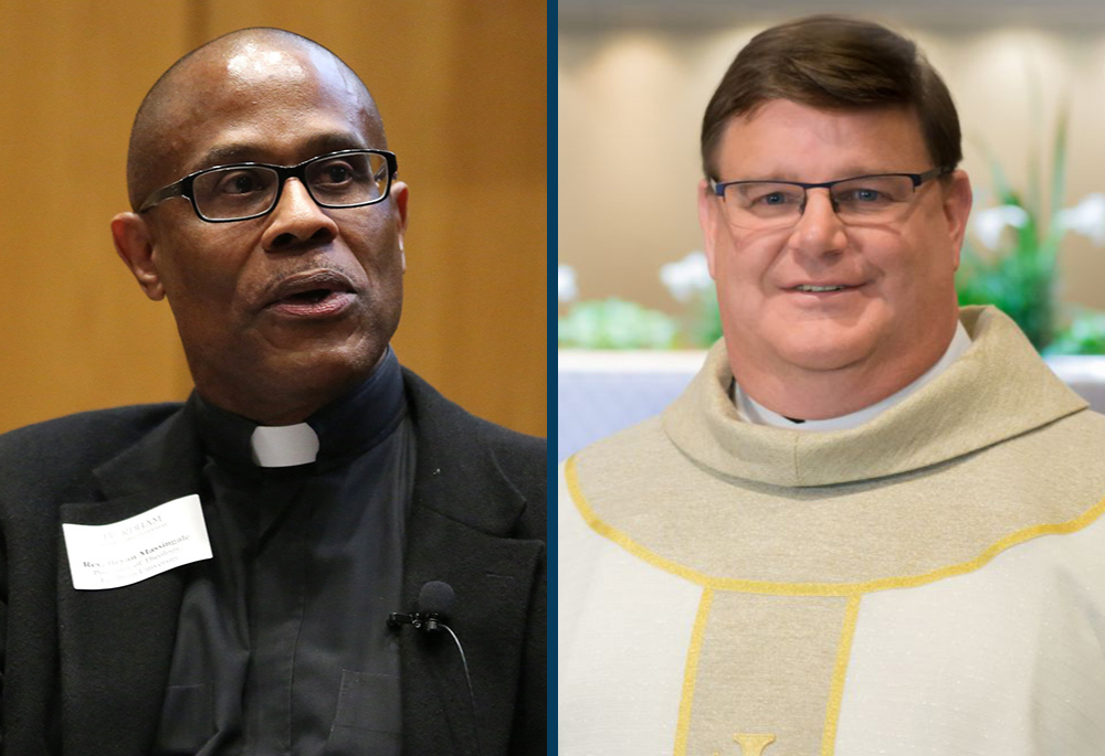 Fr. Bryan Massingale, left, and Fr. Greg Greiten are pictured in 2017 photos. (CNS/Fordham University/Bruce Gilbert; Courtesy of Greg Greiten)