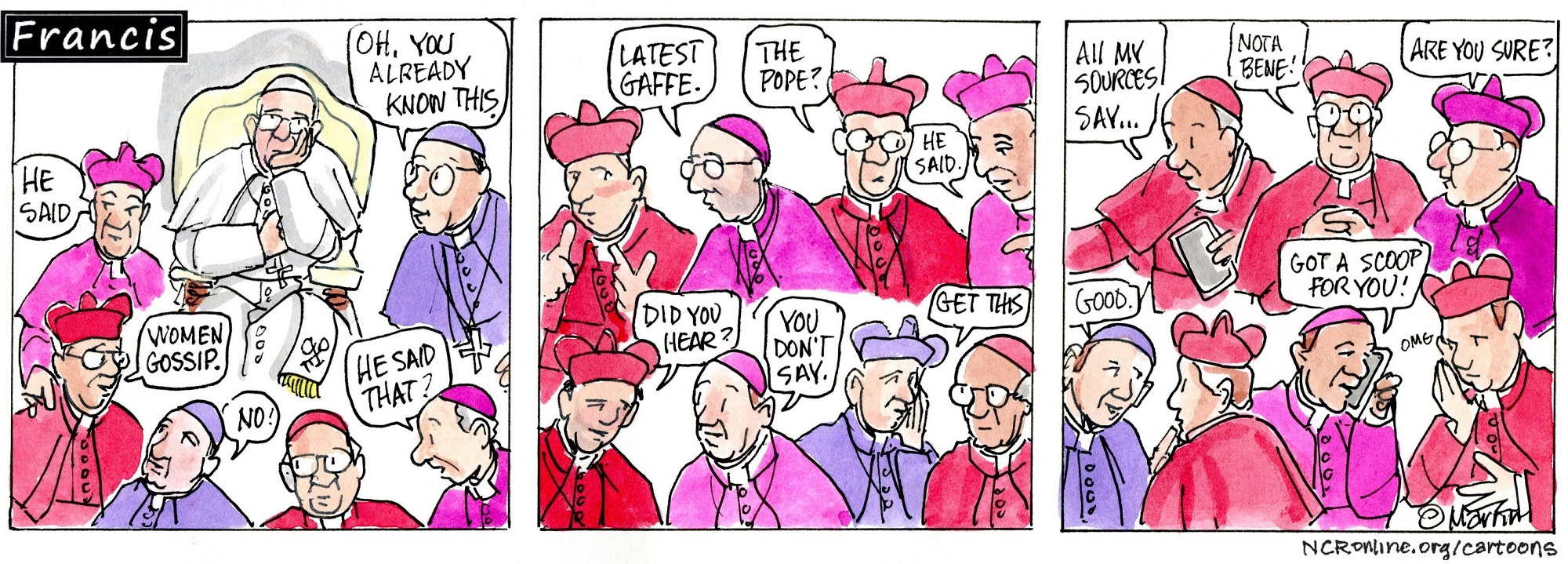 Francis, the comic strip: Francis is surrounded by gossip.