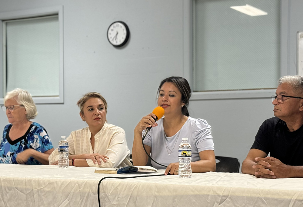 Three human rights lawyers from El Salvador, along with a member of Center for Exchange and Solidarity in El Salvador, left, addressed wrongful detentions in their country during a community event June 5 at St. Stephen and the Incarnation Episcopal Church in Washington. They talked about how the government’s "state of exception" has resulted in wrongful incarcerations and sometimes death for those detained. (NCR photo/Rhina Guidos)