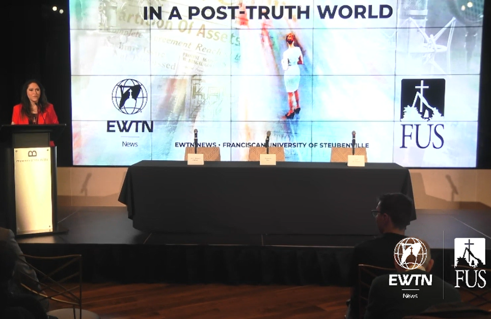 Montse Alvarado, president and chief operating officer of EWTN News, addresses the audience during the "Journalism in a Post-Truth World" conference, sponsored by EWTN and Franciscan University March 10-11, 2023, at the Museum of the Bible in Washington, D.C. (NCR screenshot)