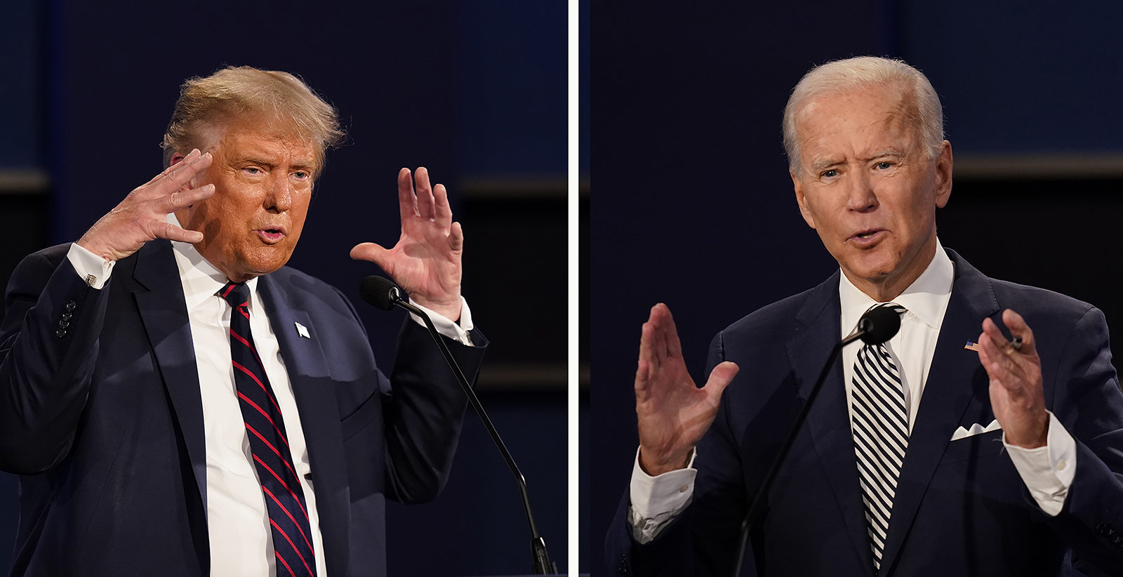 This combination image of two file photos shows then-President Donald Trump, left, and then-Democratic presidential nominee Joe Biden during a presidential debate Sept. 29, 2020, at Case Western University and Cleveland Clinic in Cleveland. (RNS/AP/Patrick Semansky)