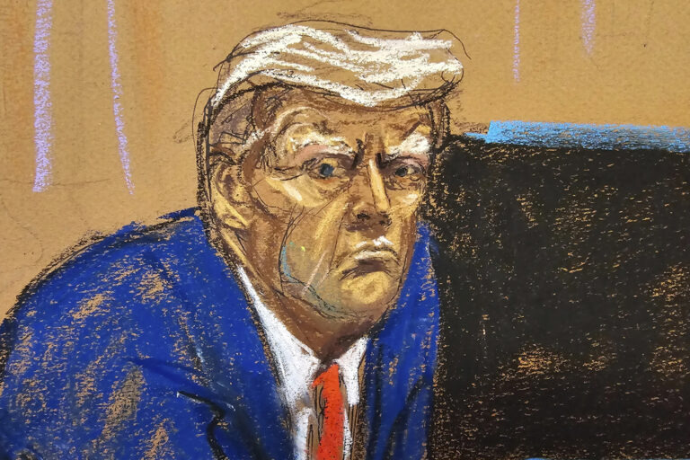 Bright caricature sketch of Trump in court