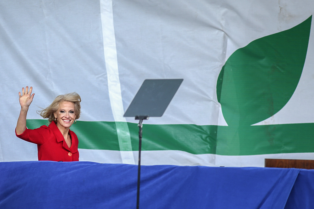 Kellyanne Conway, then special counselor to President Donald Trump, waves before speaking at the annual March for Life rally in Washington Jan. 27, 2017. (CNS/Tyler Orsburn)