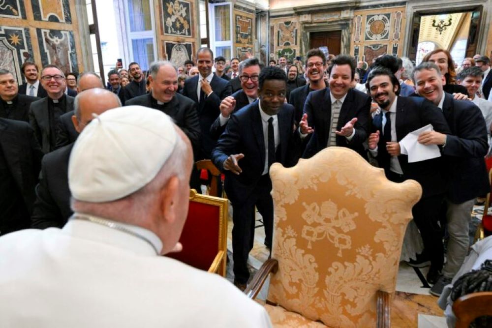 Pope Francis meets with comedians at the Apostolic Palace on June 14  in Vatican City.