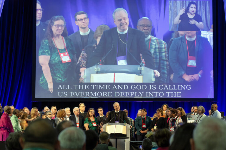 Presiding Bishop-elect Sean Rowe speaks following his election during the Episcopal Church General Convention in Louisville, Kentucky, Wednesday, June 26, 2024. (RNS/Randall Gornowich)