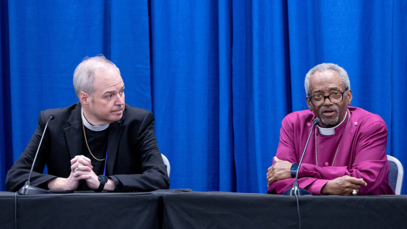 Presiding Bishop-elect Sean Rowe, left, and Presiding Bishop Michael Curry address the media at the Episcopal Church General Convention in Louisville, Kentucky, June 26, 2024. (RNS/Randall Gornowich)