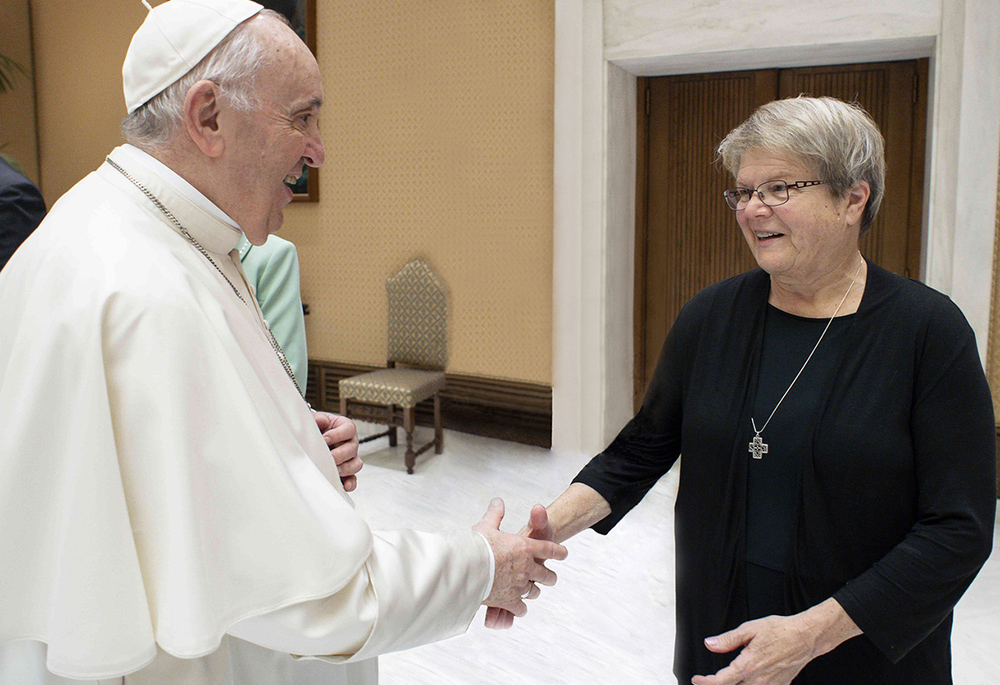 Sr. Kathy Brazda greets Pope Francis in 2021. (Courtesy of Sr. Kathy Brazda)