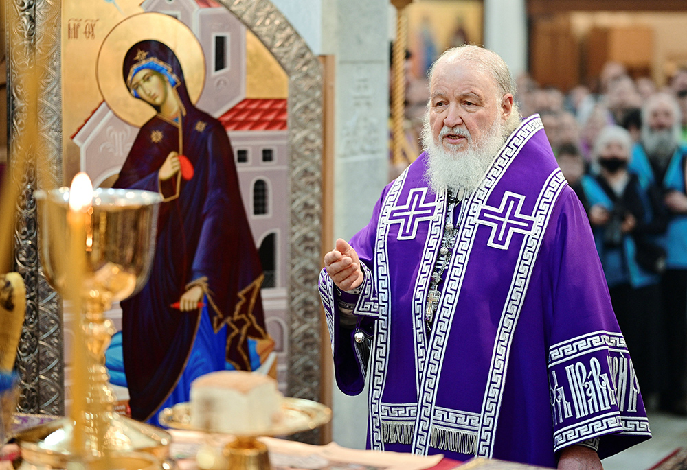 Russian Orthodox Patriarch Kirill of Moscow leads a cathedral consecration service April 10, 2022, in Moscow. (OSV News/Reuters/Patriarchal Press Service/Oleg Varaov)