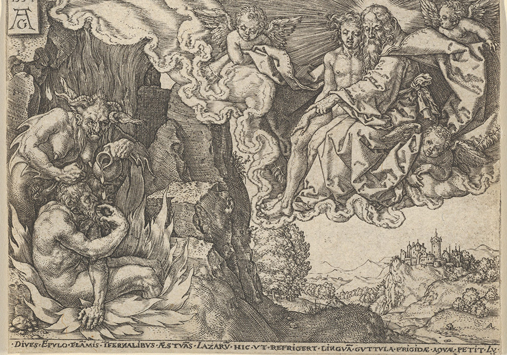 "The Rich Man in Hell, Seeing Lazarus Embraced by Abraham," from "The Parable of the Rich Man and Lazarus" a 1554 engraving by Heinrich Aldegrever (Metropolitan Museum of Art)