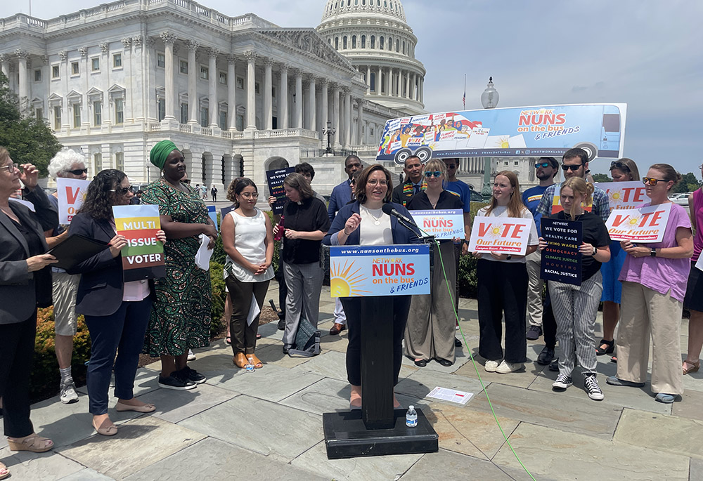 Humility of Mary Sr. Eilis McCulloh, a grassroots education and organizing specialist with Network Advocates for Catholic Social Justice, speaks at the U.S Capitol July 23 during the announcement of the Nuns on the Bus & Friends "Vote Our Future" tour. (Courtesy of Network)