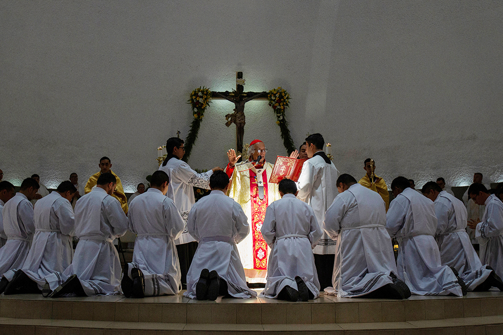 Nicaraguan Cardinal Leopoldo Brenes of Managua prays during the ordination Mass of new deacons at the Metropolitan Cathedral in Managua, March 7, 2024. (OSV News/Reuters/Maynor Valenzuela)