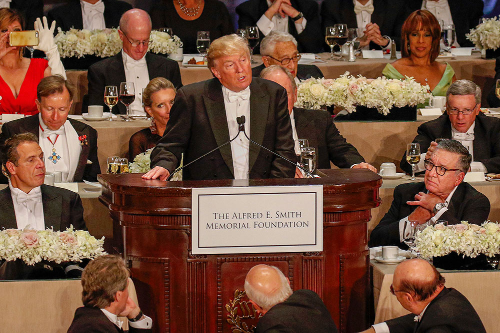 Then-Republican presidential nominee Donald Trump speaks during the 71st annual Alfred E. Smith Memorial Foundation Dinner in New York City Oct. 20, 2016. Trump and Vice President Kamala Harris were expected to share a multi-tiered dais with New York Cardinal Timothy Dolan and other church, political, business and social luminaries at the 79th annual dinner Oct. 17, 2024. Harris is not planning to attend the annual dinner this year, while Trump said Sept. 23 that he will be there. (OSV News)