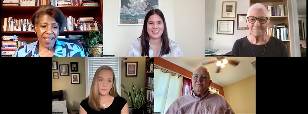 A panel presentation on the second day of the Pax Christi USA conference included (clockwise from top left): Cynthia Bailey Manns, moderator Lauren Bailey, moderator Marie Dennis, Ruben Garcia and Jordan Denari Duffner. (NCR screenshot/YouTube/PaxChristUSA)