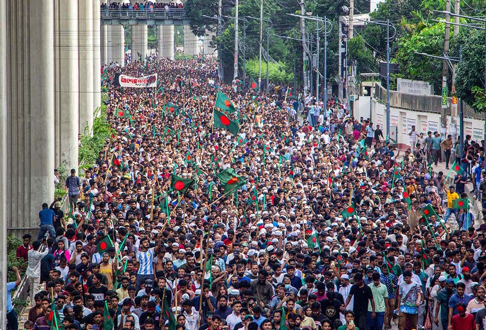 Activists march in Dhaka, Bangladesh, on Aug. 5 to celebrate the resignation of Prime Minister Sheikh Hasina. (Wikimedia Commons/Rayhan9d)